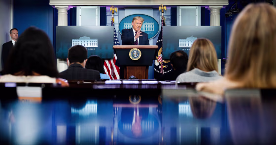Image: President Donald Trump speaks during the renewed briefing of the Coronavirus Task Force in the Brady Briefing Room of the White House