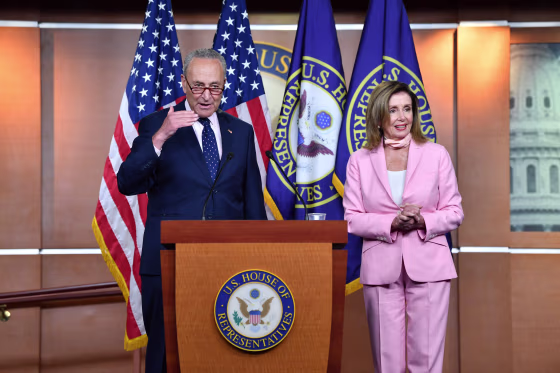 Senate Minority Leader Chuck Schumer and Speaker of the House Nancy Pelosi hold a press conference on Capitol Hill on July 23, 2020.