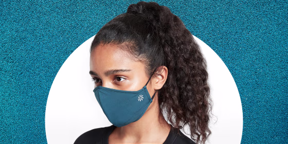 Woman wearing Athleta Made to Move face mask.
