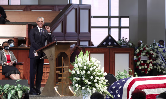 Former President Barack Obama pseaks during the funeral for the late Rep. John Lewis, D-Ga., at Ebenezer Baptist Church in Atlanta on July 30, 2020.