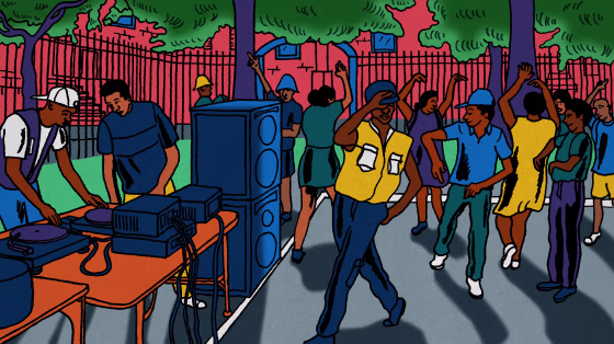 Image: Black people dance in a park next to a DJ booth with large speakers.