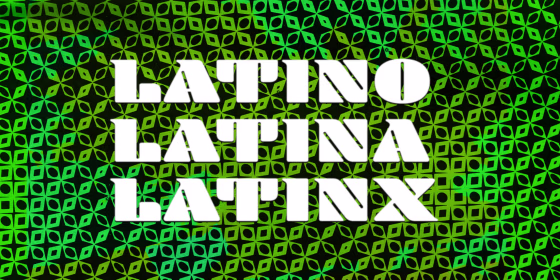 Illustration of \"latino, latina, latinx\" in large letters.