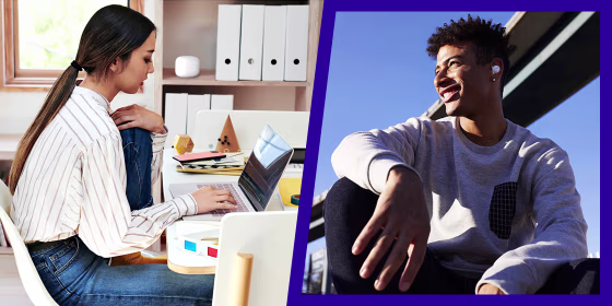Woman using a Google tablet and man using JBL LIVE 300 True Wireless Headphones. Shop back to school deals from retailers like Apple, Best Buy, Amazon and Walmart.