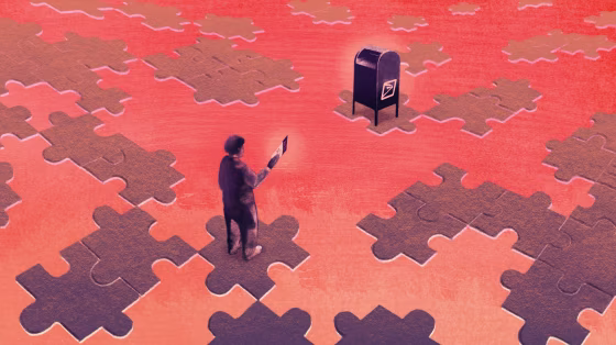 Image: A person of color holding a mail-in ballot stands on a puzzle piece separated from a USPS mailbox on a different puzzle piece.