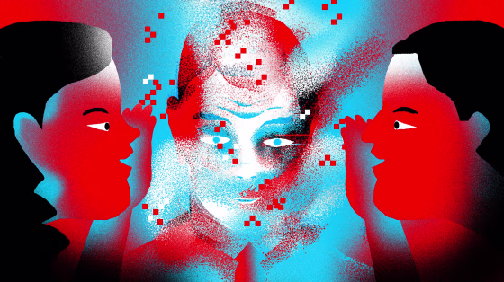 Image: A lobbyist whispers into the ear of a pixelated politician in red and blue.