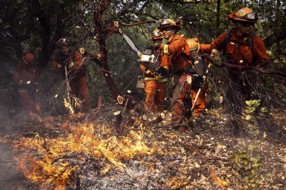 Image: Members of the Delta Conservation Crew, made up of inmate firefighters, clear a fire line on the Walbridge Fire, part of the LNU Lightning Complex fire, in Healdsburg, Calif., Aug. 23, 2020. (Max Whittaker/The New York Times)