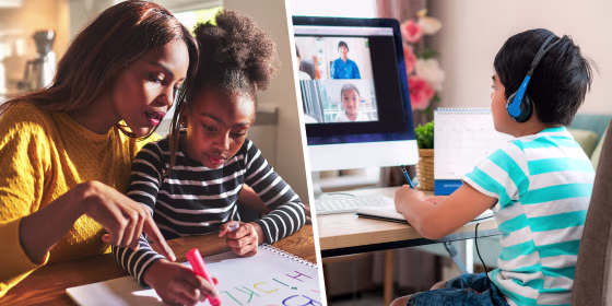Mother sitting at table helping young daughter with schoolwork and young boy sitting at computer desk homeschooling. Make online schooling easier buy desks, file organizers, earphones, and more from retailer like Amazon, Walmart, Best Buy and Staples.
