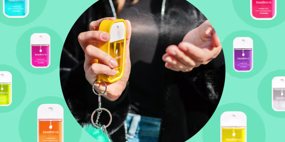 Woman spraying Touchland hand sanitizer on hands. Touchland sanitizer meets CDC requirements and is now available to shop at Target, Amazon, Ulta. Touchland Power Mist Moisturizing Hand Sanitizer is made with ingredients like aloe vera and essential oils.