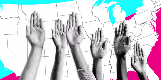 Image: Raised hands with a blue and pink background with a United States map.