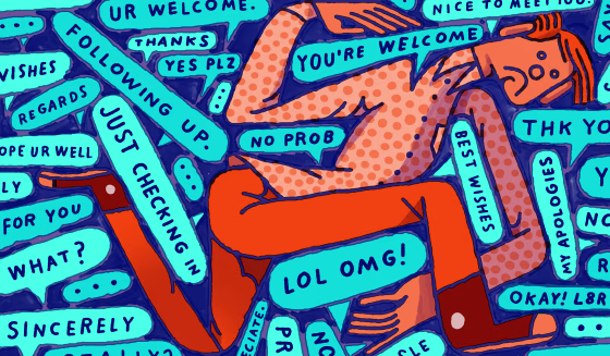 Image: A man is entangled in a web of text bubble messages, they read \"you're welcome,\" \"LOL OMG!\", \"Best Wishes,\" etc.