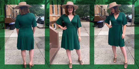Woman wearing green wrap dress