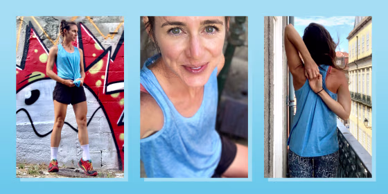 woman wearing blue workout tank top