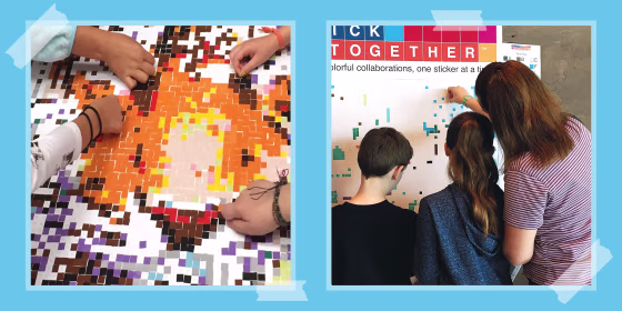 kids and adult working on sticker kit puzzle