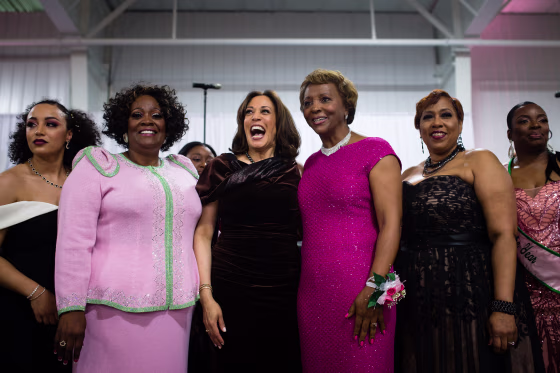 Image: Senator Kamala Harris stands with attendees at the Alpha Kappa Alpha sorority gala in Columbia, South Carolina, on Jan. 25, 2019.