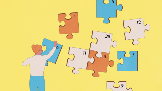 Illustration of person holding puzzle pieces in the style of a calendar.