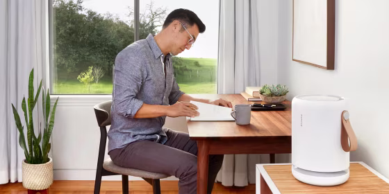 man working from home with air purifier on desk. With COVID-19 cases in the U.S. growing each day and West Coast fires, breathing safely is a top concern. Shop fast-shipping air purifiers from brands like Dyson, Honeywell and more.