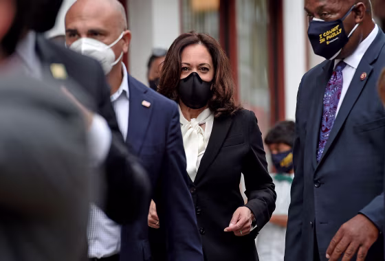 Sen. Kamala Harris walks the block of West Oak Lane, a neighborhood in Philadelphia, on Sept. 17, 2020.