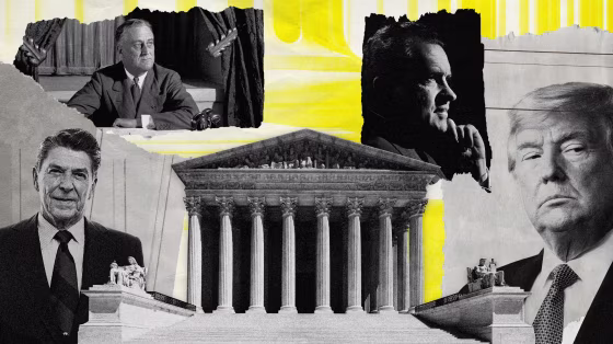 Image: Presidents Ronald Reagan, Franklin D. Roosevelt, Richard Nixon and Donald Trump behind the Supreme Court.