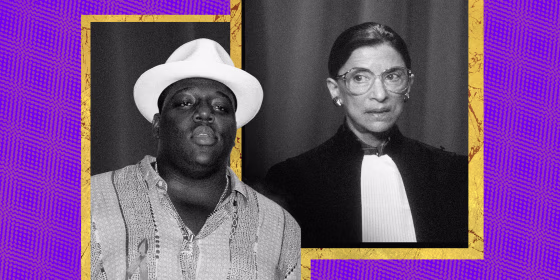 Image: Notorious BIG and Ruth Bader Ginsburg in gilded frames on a purple background.