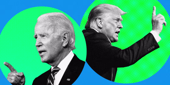 Image: Joe Biden and President Donald Trump gesture inside green circles on a blue background.