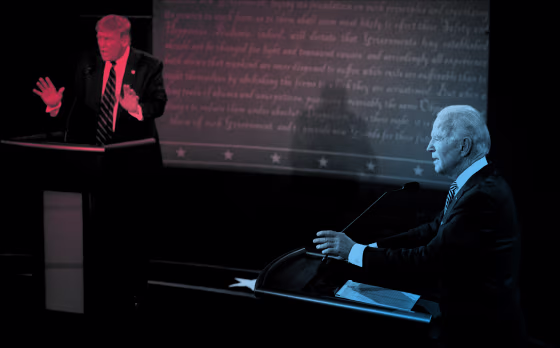Image: President Donald Trump and Joe Biden speak during the first presidential debate in Cleveland on Sept. 29, 2020.