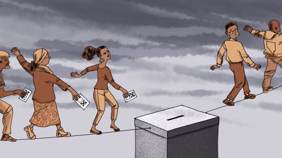 Illustration of Latino voters walking a tightrope to drop their ballots in a ballot box.