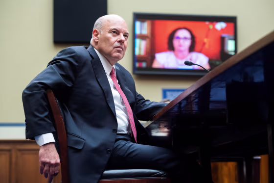 Image: Rep. Katie Porter questions Postmaster General Louis DeJoy during the House Oversight and Reform Committee hearing in Washington