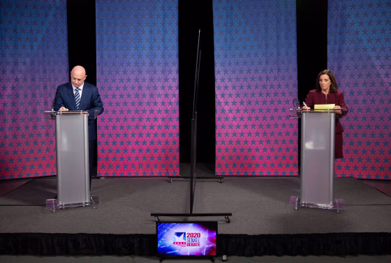 Image: Senator Martha McSally and Democratic challenger Mark Kelly prepare for their debate at the Walter Cronkite School of Journalism at Arizona State University in Phoenix