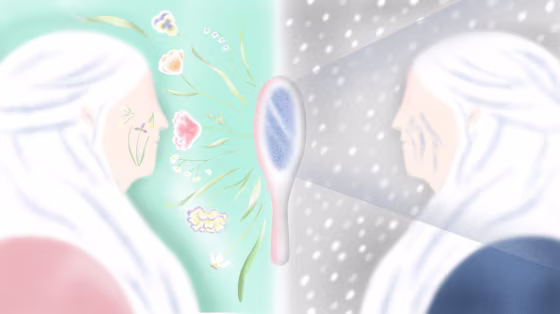 Illustration of younger woman with flowers as wrinkles looking in a mirror, on the other side of the mirror is an older woman.