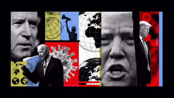 Image: A collage of Donald Trump and Joe Biden with Covid spores, world maps and protest images.