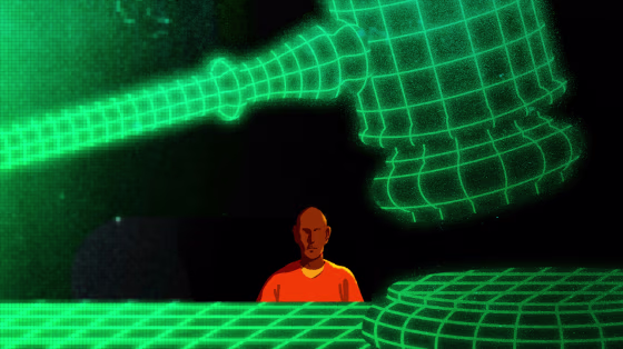 Image: A person of color in an orange jumpsuit looks at a digitized, green gavel.