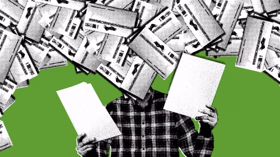 Image: A poll worker drowns in a flood of mail-in ballots while juggling paper ballots in his hands.