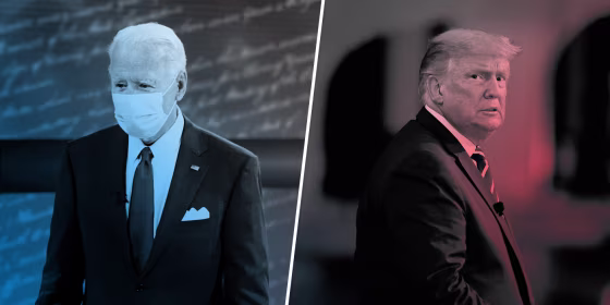 Joe Biden participates at an ABC Town Hall event at the National Constitution Center in Philadelphia, as President Donald Trump participates in an NBC News town hall forum with a group of Florida voters in Miami on Oct. 15, 2020.