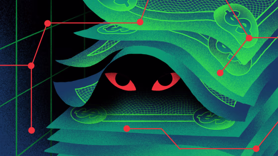 Image: Evil eyes look out from under a stack of digitized dollar bills.