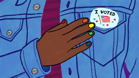 Illustration of person with rainbow painted nails touching their \"I Voted\" sticker.