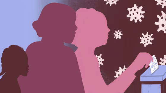 Image: The pink silhouette of an older woman, next to a younger woman and a child, casts a ballot as coronavirus spores loom.