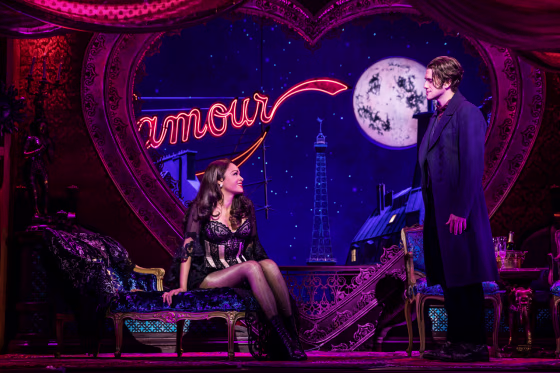 Karen Olivo as Satine and Aaron Tveit as Christian in "Moulin Rouge! The Musical" on Broadway.