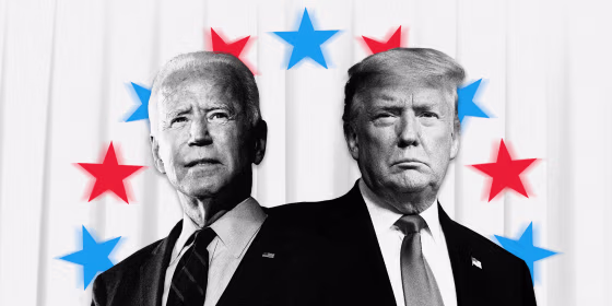 Image: Joe Biden and President Donald Trump on a white curtain background with a circle of red and blue stars around them.