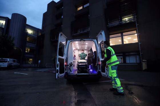 Image: Medical personnel prepare to leave for another mission outside of the CHU Dinant-Godinne hospital, amid the coronavirus disease (COVID-19) outbreak, in Mont-Godinne, Belgium