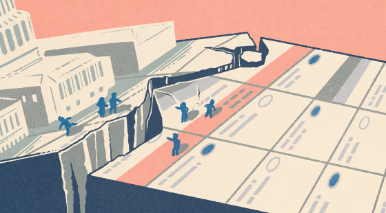 Illustration: People react as a chasm forms between the U.S. Capitol and a filled out ballot.