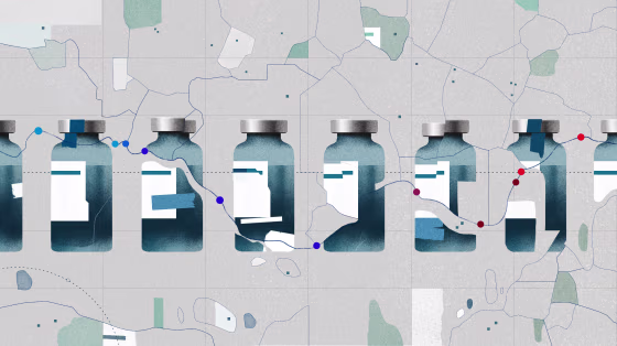 Illustration of vaccine vials and map lines.