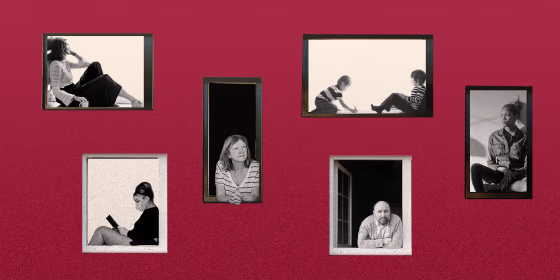 Image: People inside different windows against a red wall