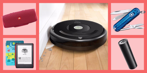 Gifts available on Amazon include JBL Waterproof Bluetooth Speaker, Kids Edition Kindle, iRobot Roomba Vacuum, Victorinox Swiss Army Pocket Knife and Anker Portable Charger.
