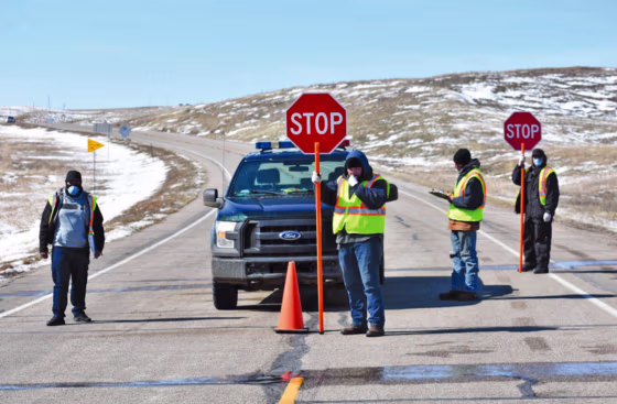 A tribal checkpoint near Forest City Bridge at the Missouri River in South Dakota.