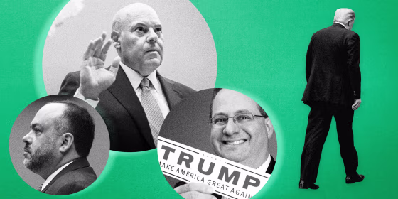 Image: Postmaster General Louis DeJoy, Henry Kerner, and Trey Trainor in bubbles as President Donald Trump walks away on a green background.