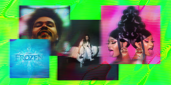 Image: The Frozen soundtrack, \"After Hours\" by The Weeknd, \"When We All Fall Asleep, Where Do We Go?\" by Billie Eilish, and \"WAP\" by Cardi B and Megan Thee Stallion cover arts on an electric green background.