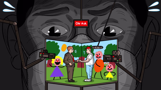 Image: A man in a mask, in shadow, watches a stage set showing a man in a MAGA hat being interviews by a newscaster surrounded by trees and happy children as cameras record them.