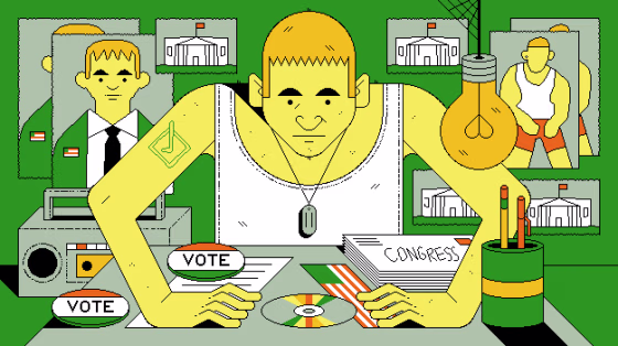 Image: Eminem as Stan, a character in the music video for \"Stan,\" over a table of \"Vote\" stickers, letters to Congress, with posters of the White House and Stan in a suit and tie in the background.