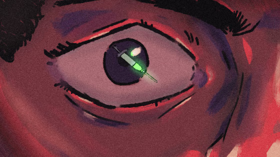 IMage: An illustration of a Black person's eye with a reflection of a syringe.
