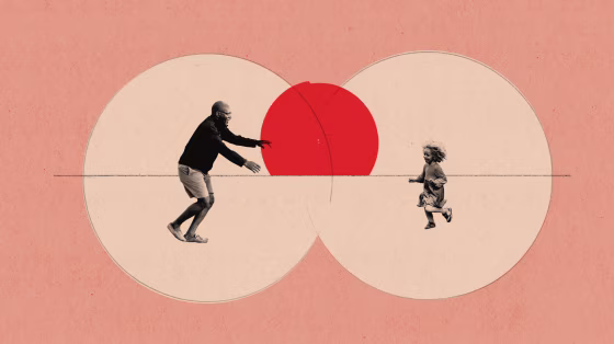 Illustration of father and child running toward each other in separate bubbles.